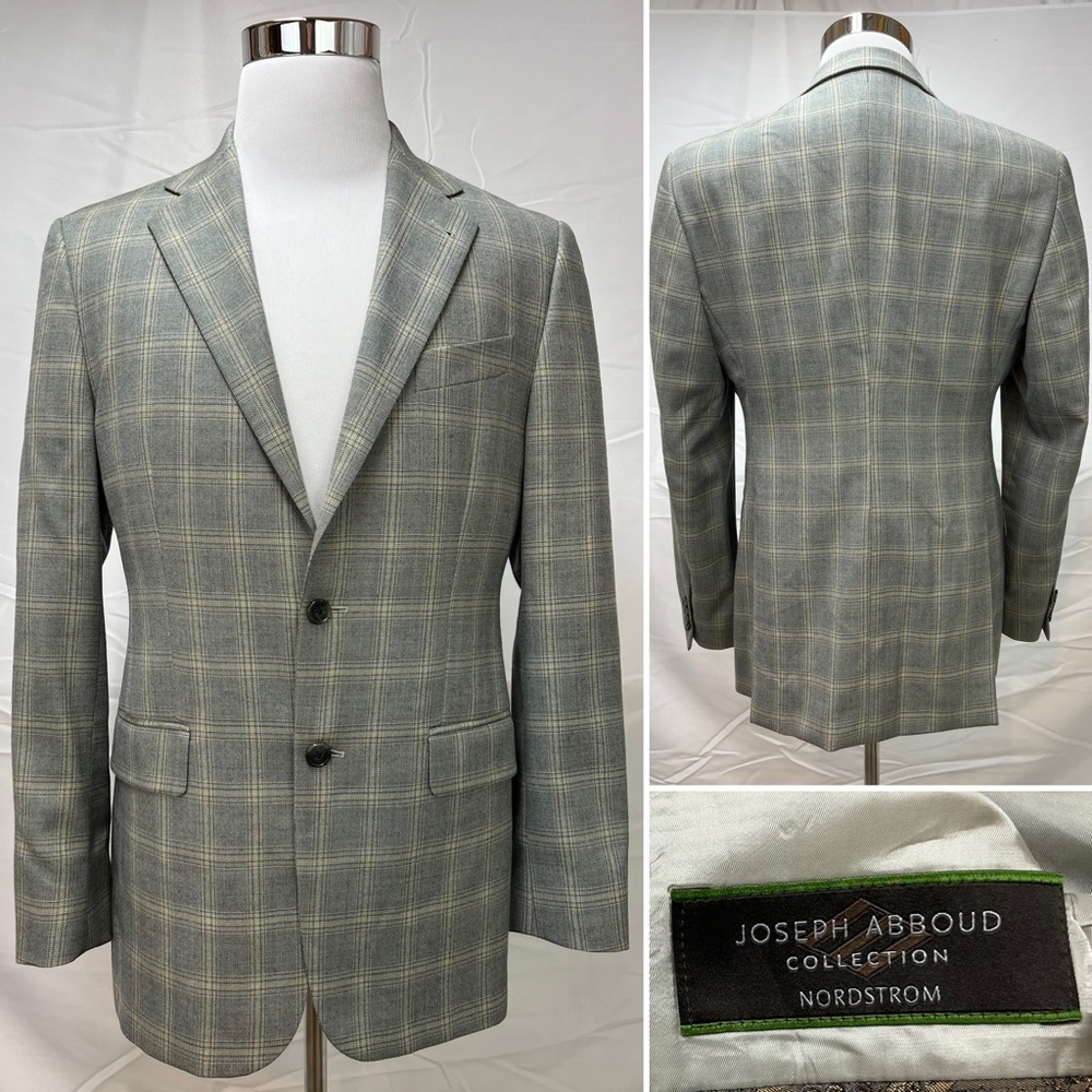 Men's Joseph Abboud Gray Beige Windowpane Plaid 2-Button 38R Blazer Jacket